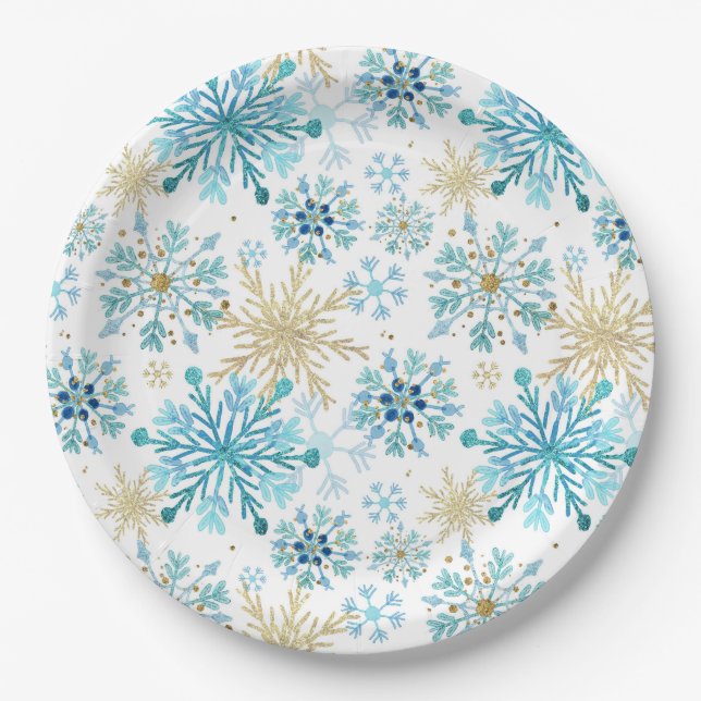 Watercolor Blue and Gold Glitter Winter Snowflakes Paper Plate (Front)