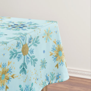 Watercolor Blue and Gold Glitter Winter Snowflakes Tablecloth