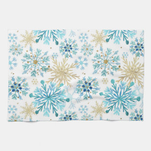 Watercolor Blue and Gold Glitter Winter Snowflakes Tea Towel