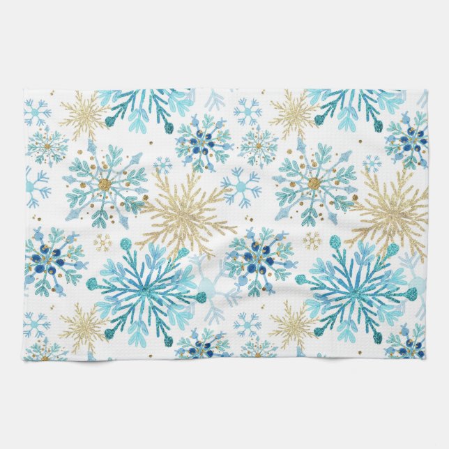 Watercolor Blue and Gold Glitter Winter Snowflakes Tea Towel (Horizontal)