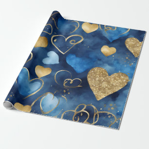 Watercolor Blue and Gold Ink Valentines Hearts Wrapping Paper