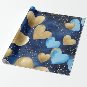 Watercolor Blue and Gold Ink Valentines Hearts Wrapping Paper