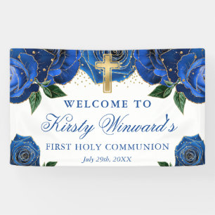 Watercolor Blue and Gold Roses 1st Communion Banner