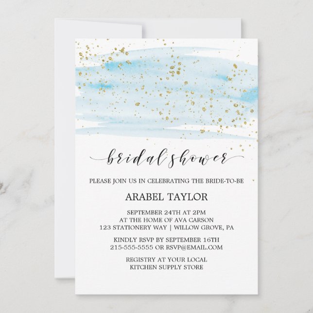 Watercolor Blue and Gold Sparkle Bridal Shower Invitation (Front)