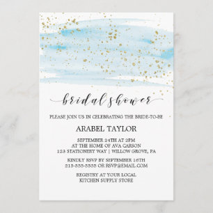 Watercolor Blue and Gold Sparkle Bridal Shower Invitation