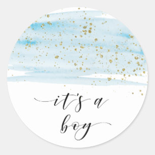 Watercolor Blue and Gold Sparkle It's A Boy Favour Classic Round Sticker