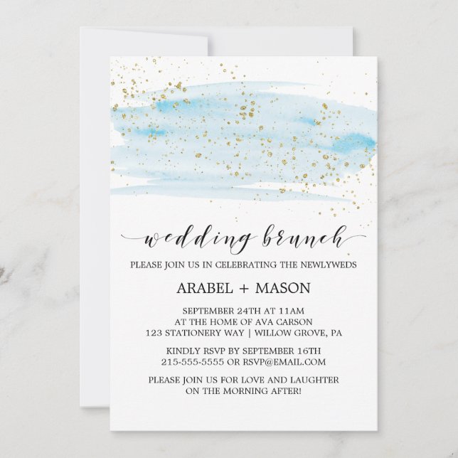 Watercolor Blue and Gold Sparkle Wedding Brunch Invitation (Front)