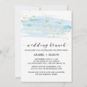 Watercolor Blue and Gold Sparkle Wedding Brunch Invitation
