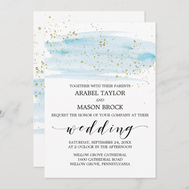 Watercolor Blue and Gold Sparkle Wedding Invitation (Front/Back)