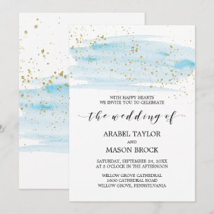 Watercolor Blue and Gold Sparkle Wedding Invitation
