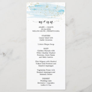 Watercolor Blue and Gold Sparkle Wedding Menu