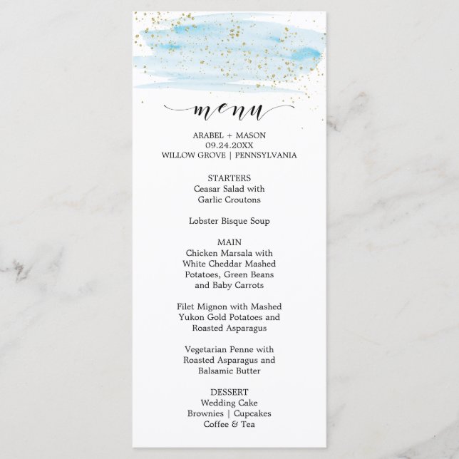Watercolor Blue and Gold Sparkle Wedding Menu (Front)