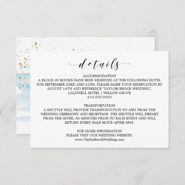 Watercolor Blue and Gold Wedding Details Card (Front/Back)