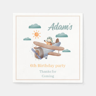 Watercolor blue and Green Aeroplane Birthday Party Napkin