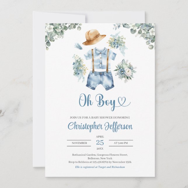 Watercolor blue and green eucalyptus boy clothes invitation (Front)