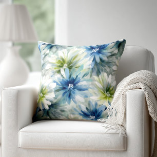 Watercolor Blue and Green Floral Cushion