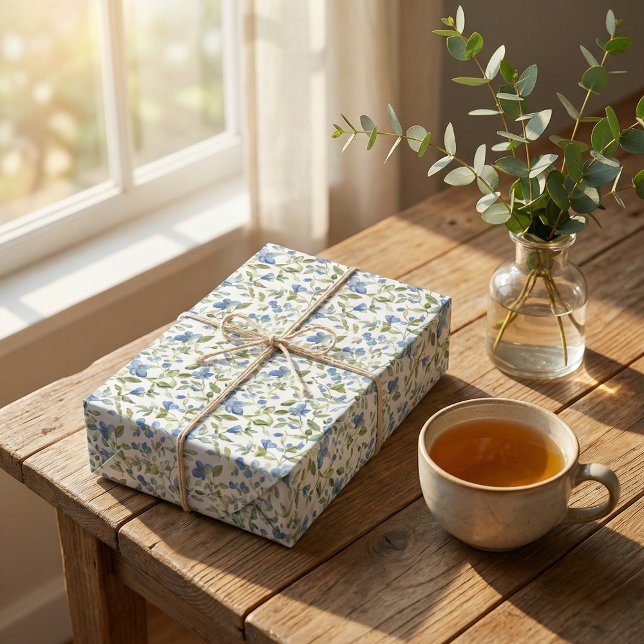 Watercolor Blue and Green Flowers on White Wrapping Paper (Creator Uploaded)