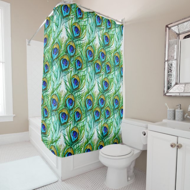 Watercolor Blue and Green Peacock Feathers Collage Shower Curtain (In Situ)