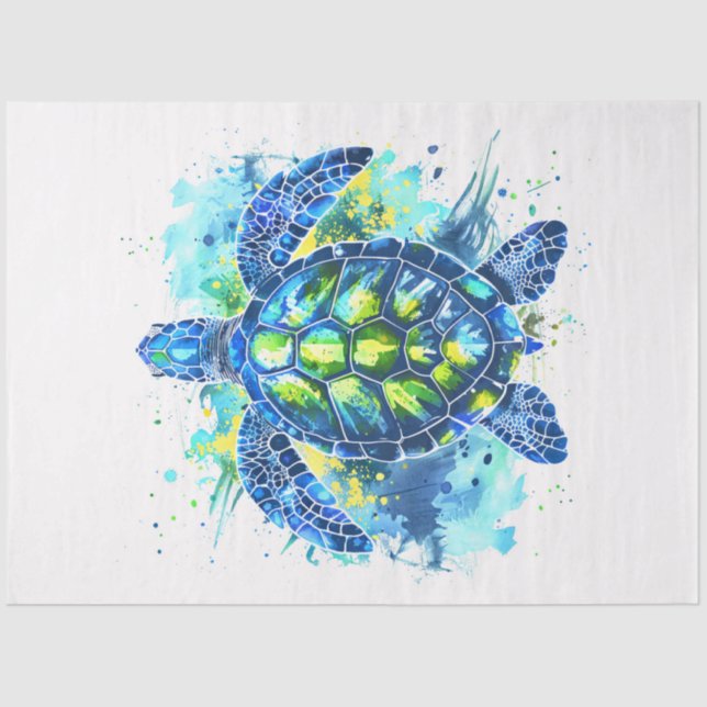 Watercolor Blue and Green Sea Turtle Decoupage Tissue Paper (Front)