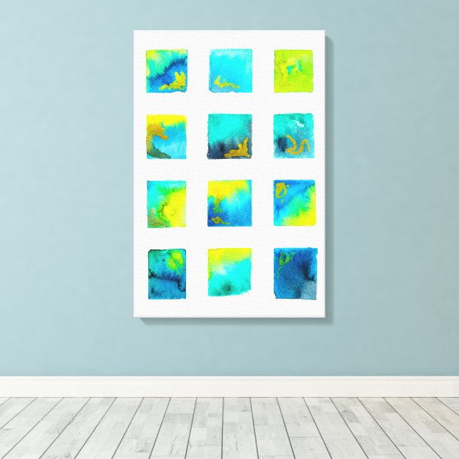 watercolor blue and green squares canvas print (Insitu(Wood Floor))