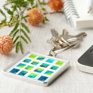 watercolor blue and green squares key ring