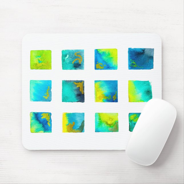 watercolor blue and green squares mouse mat (With Mouse)