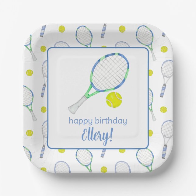 Watercolor Blue and Green Tennis Paper Plate (Front)