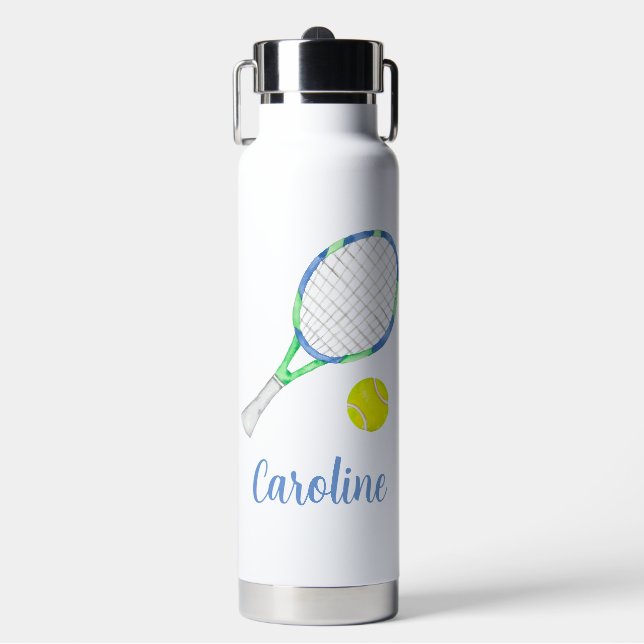 Watercolor Blue and Green Tennis Personalised Water Bottle (Front)