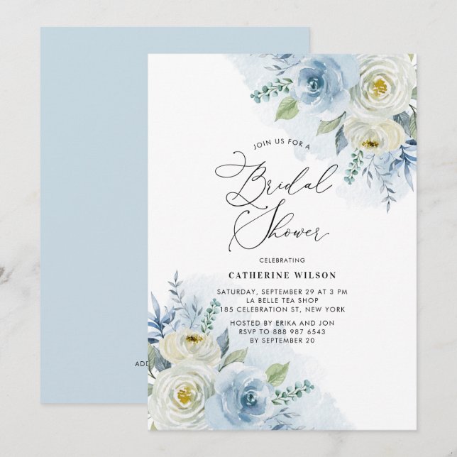 Watercolor Blue and Ivory Roses Bridal Shower Invitation (Front/Back)