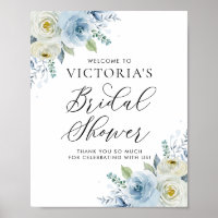 Watercolor Blue and Ivory Roses Bridal Shower