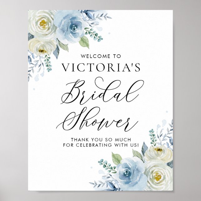 Watercolor Blue and Ivory Roses Bridal Shower Poster (Front)