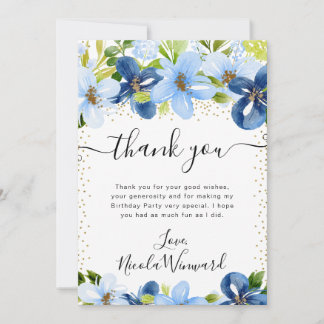 Watercolor Blue and Navy Flowers Birthday Thank You Card