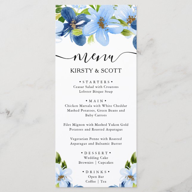 Watercolor Blue and Navy Flowers Wedding Menu (Front)