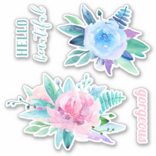 Watercolor blue and pink flowers. Floral gorgeous