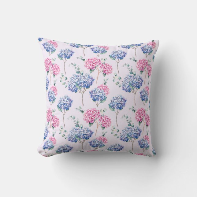 Watercolor Blue and Pink Hydrangeas Floral Pattern Cushion (Front)
