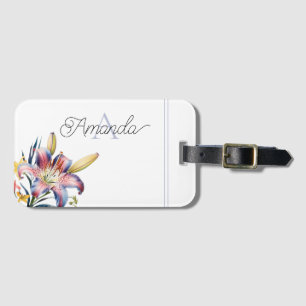 Watercolor Blue and Pink Lily Monogramed Luggage Tag