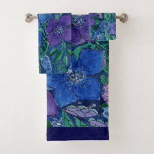 watercolor, blue and purple, anemones watercolor bath towel set