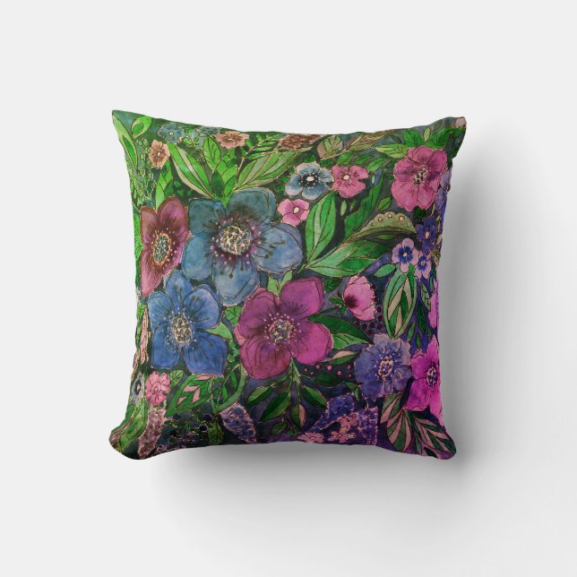 watercolor, blue and purple, anemones watercolor cushion (Front)