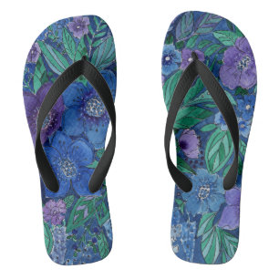 watercolor, blue and purple, anemones watercolor flip flops