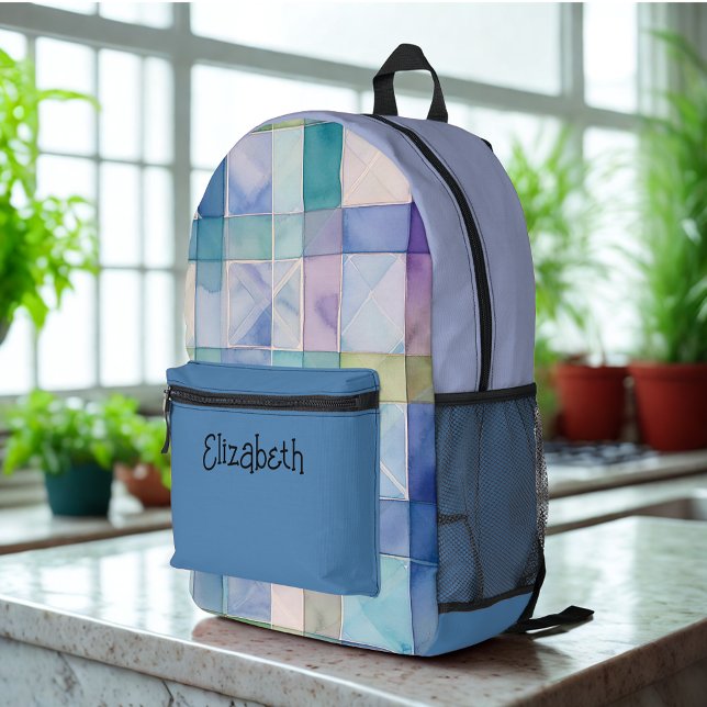 Watercolor Blue and Purple Plaid Printed Backpack (Creator Uploaded)
