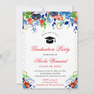 Watercolor Blue and Red Flowers Graduation Invitation