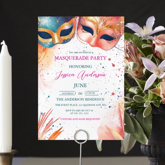 Watercolor Blue and Red Masquerade Party Birthday Invitation (Creator Uploaded)