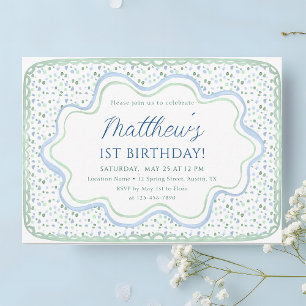 Watercolor Blue and Sage Green 1st Birthday Party Invitation