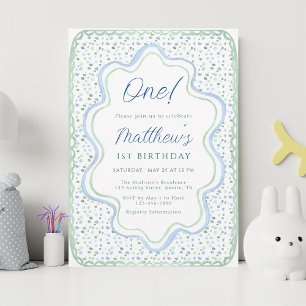 Watercolor Blue and Sage Green 1st Birthday Party Invitation