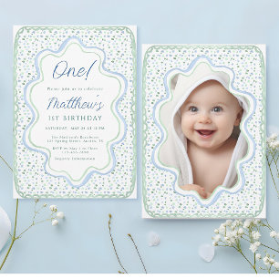 Watercolor Blue and Sage Green 1st Birthday Photo Invitation