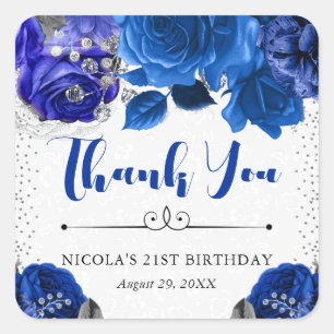 Watercolor Blue and Silver Flowers Birthday Square Sticker