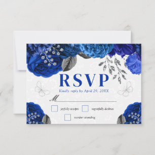 Watercolor Blue and Silver Flowers Wedding RSVP Card