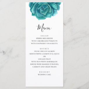 Watercolor blue and teal succulent. Wedding dinner Menu
