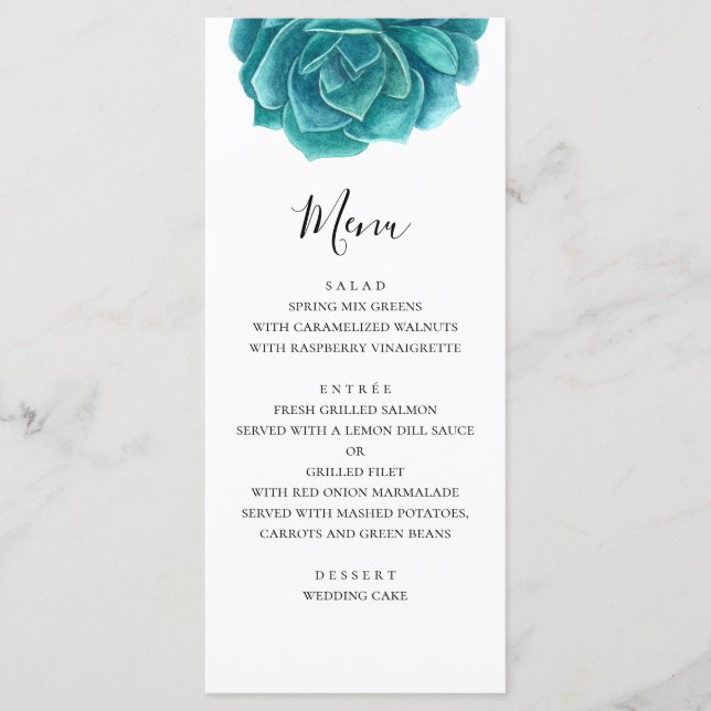 Watercolor blue and teal succulent. Wedding dinner Menu (Front)