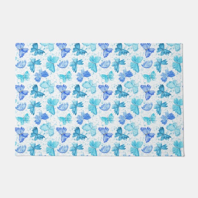 Watercolor Blue and Turquoise Butterflies 2. Doormat (Front)